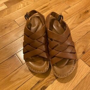 BORN Brown Woven Leather Strappy‎ Cork Wedge Sandals Size 8